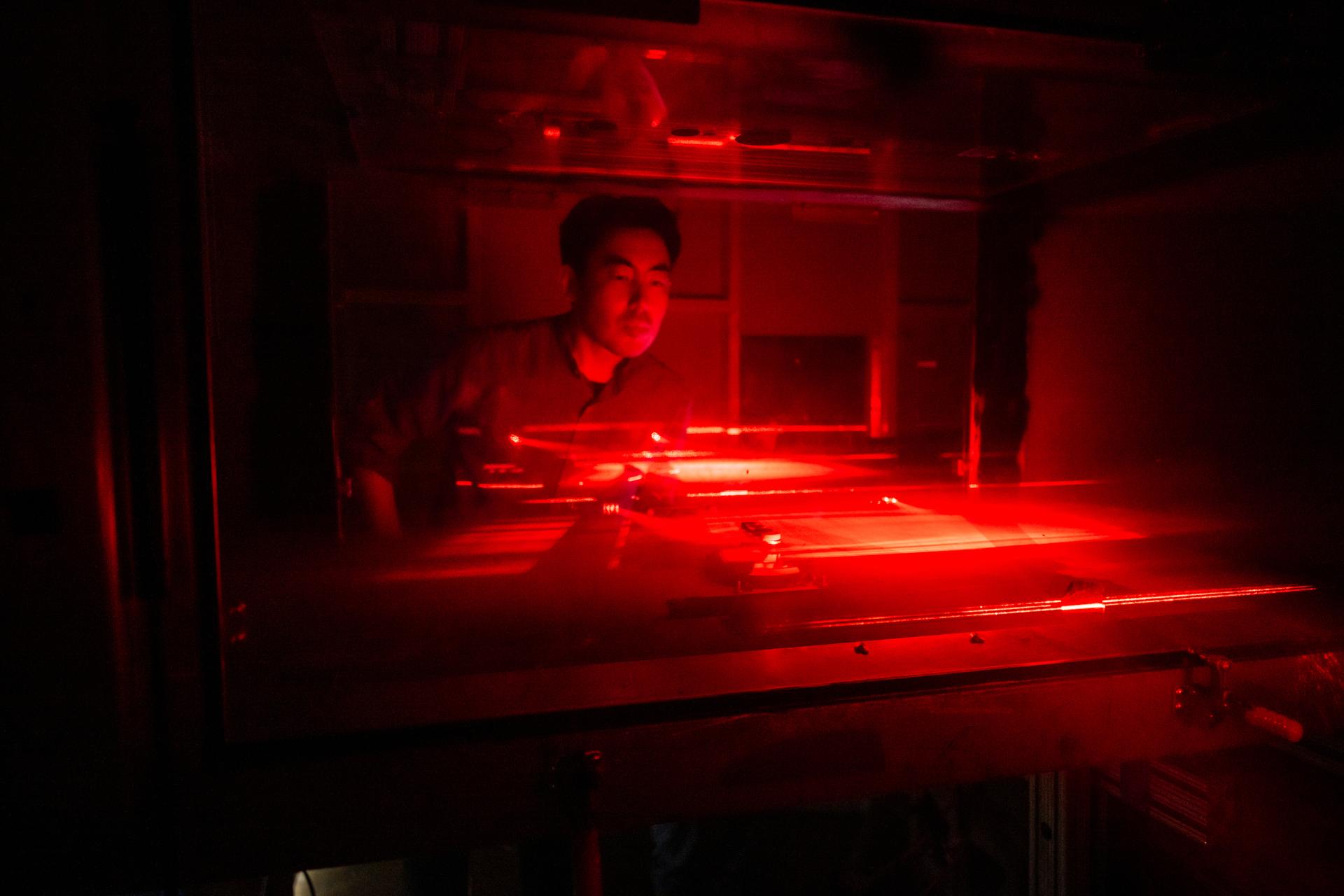 Chullhee (Chace) Cho performs wind tunnel testing on a hardware component of the Deep Atmosphere Venus Investigation of Noble Gasses, Cåhemistry, and Imaging (DAVINCI) at University of Maryland, Aug 5, 2026. NASA/Mike Guinto